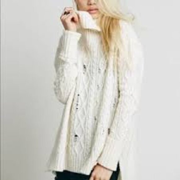 Free People | Ivory Distressed Knit Cowl Tunic Length Sweater Size Small - Picture 1 of 8